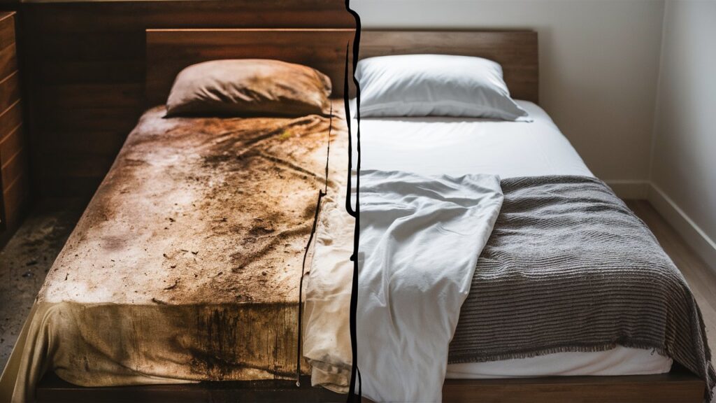 Gambar terpisah yang menunjukkan tempat tidur tanpa sprei (kotor dan bernoda) versus tempat tidur bersih dengan sprei rapi di kamar tidur yang nyaman, ilustrasi realistis, pencahayaan alami