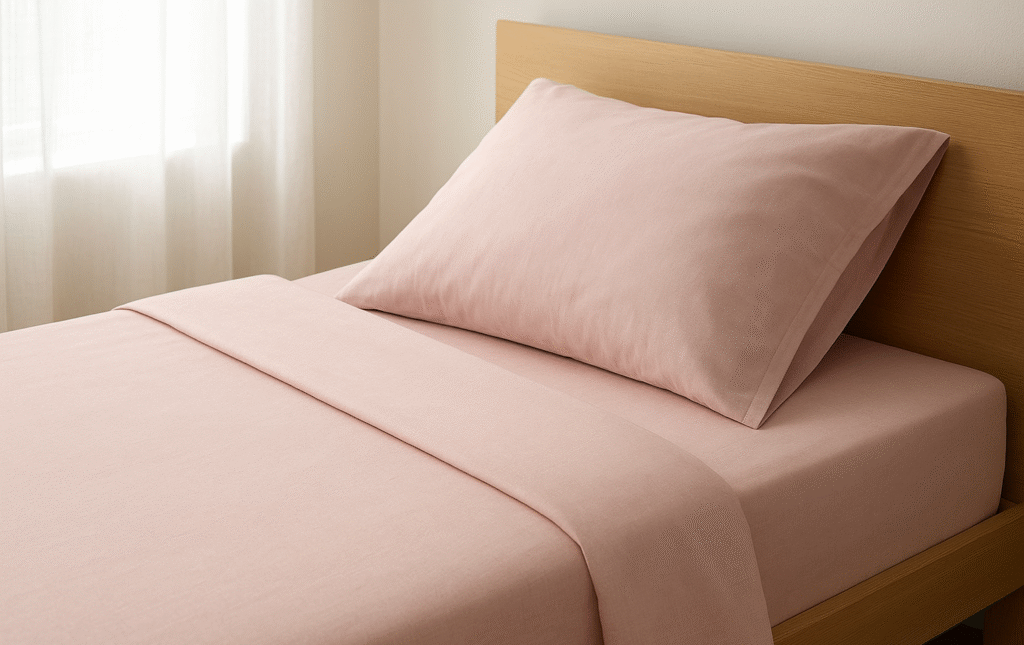 Foto close-up sprei katun CVC berwarna pastel dengan tekstur halus, terlihat rapi di atas ranjang minimalis, pencahayaan natural dari jendela.