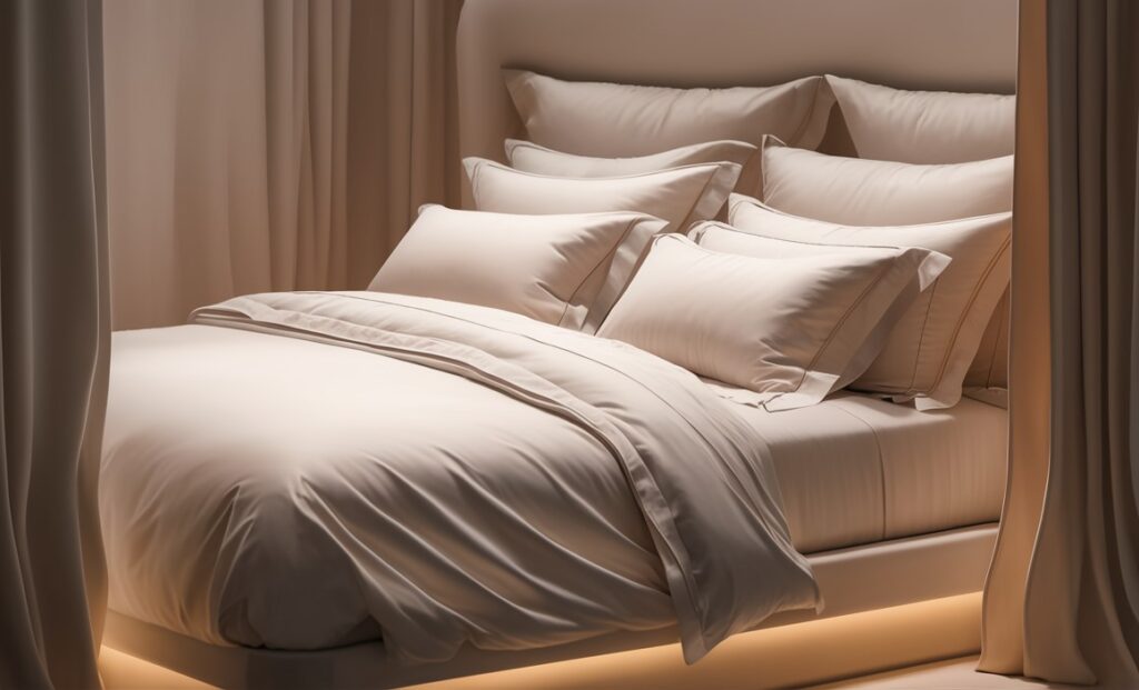 Ilustrasi berkualitas tinggi dari tempat tidur hotel yang tertata rapi dengan seprai putih bersih