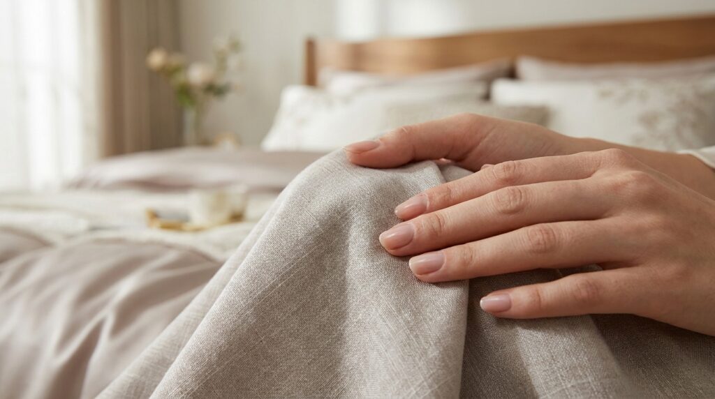 Close-up tangan menyentuh kain Tencel dan katun premium, memperlihatkan detail serat kain, tekstur lembut, suasana kamar tidur mewah, ultra realistic, high resolution.