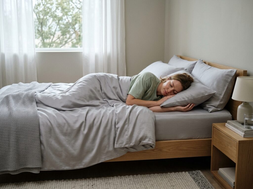 Foto seseorang tidur nyenyak menggunakan sprei Tencel dengan suasana kamar yang sejuk dan elegan.