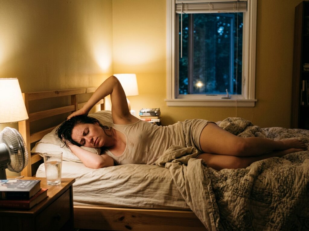Foto seseorang wanita merasa gerah saat tidur menggunakan sprei tebal di kamar tanpa AC.