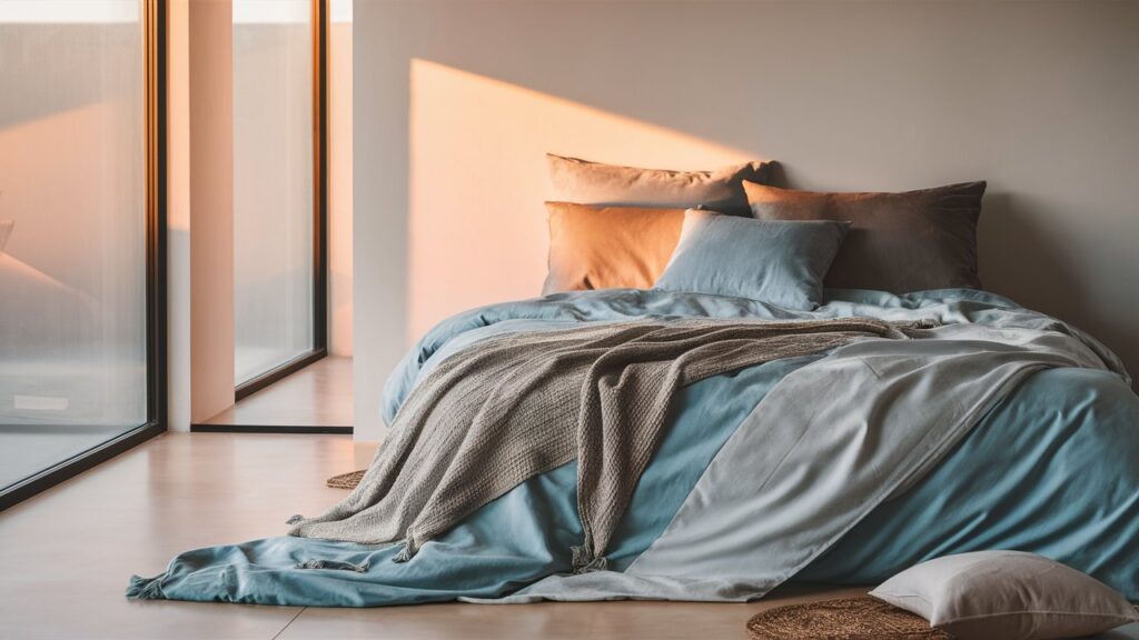 Foto tempat tidur dengan sprei adem berwarna lembut di kamar minimalis dengan pencahayaan alami