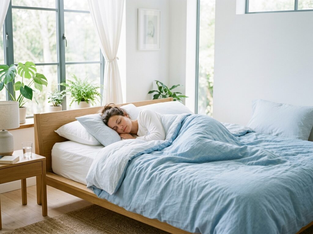 Foto tempat tidur minimalis dengan sprei katun adem berwarna putih dan biru muda di kamar yang terang dan sejuk.