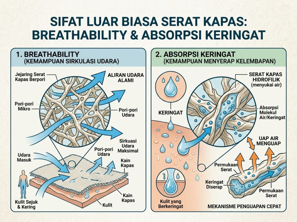 Ilustrasi detail serat kain katun dengan visual sirkulasi udara dan kemampuan menyerap keringat.