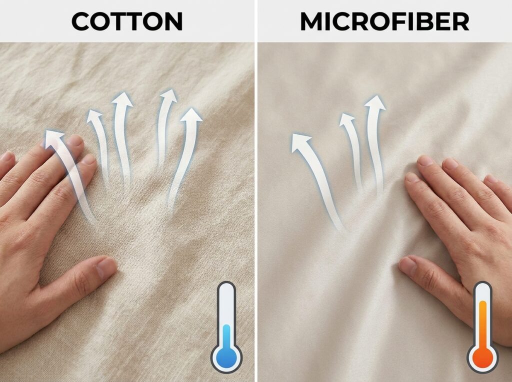 Ilustrasi perbandingan sprei katun dan microfiber dengan tekstur kain dan sirkulasi udara berbeda.