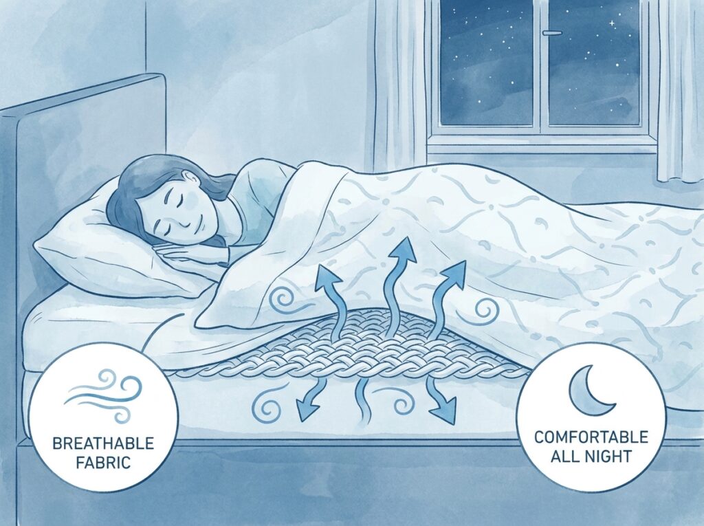 Ilustrasi sirkulasi udara pada sprei adem dengan visual kain breathable dan nyaman digunakan semalaman.