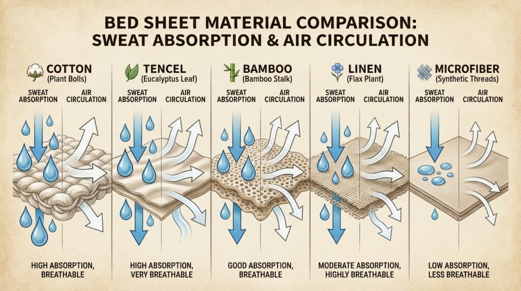 Ilustrasi perbandingan bahan sprei katun, Tencel, bamboo, linen, dan microfiber 
