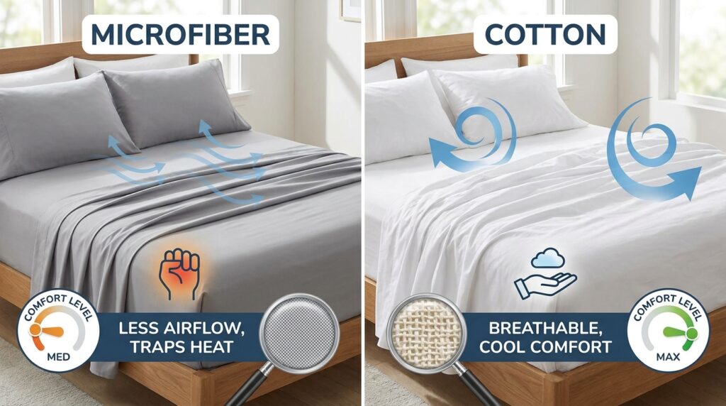 Ilustrasi perbandingan sprei microfiber dan sprei katun