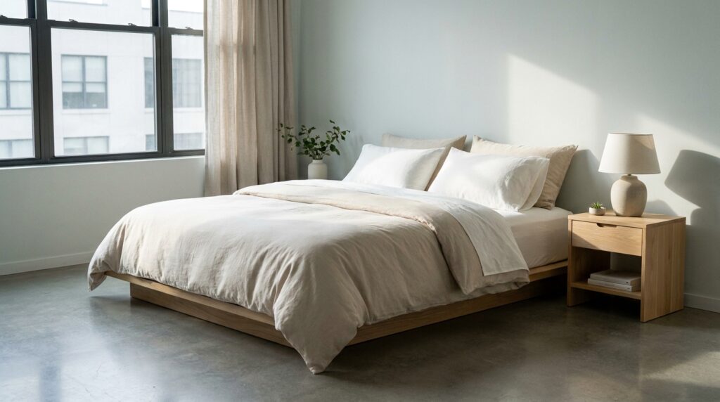 Kamar tidur minimalis modern dengan sprei katun Jepang premium berwarna putih dan beige, suasana sejuk, nyaman, bersih, pencahayaan pagi alami dari jendela, realistic photography, high resolution.