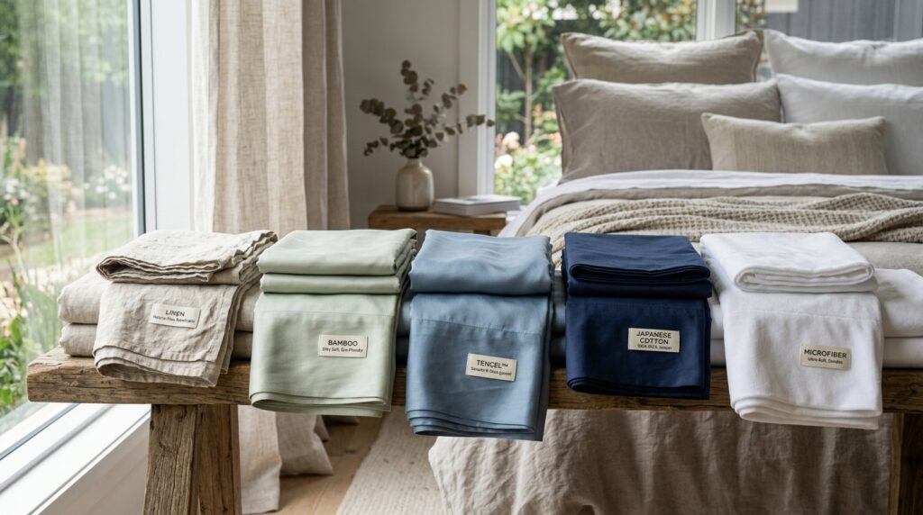 Koleksi berbagai jenis bahan sprei premium seperti katun Jepang, Tencel, bamboo, linen, dan microfiber tersusun rapi di atas tempat tidur modern, pencahayaan alami, photorealistic, high detail.
