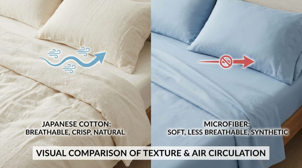 Perbandingan visual sprei katun Jepang dan microfiber di atas tempat tidur,