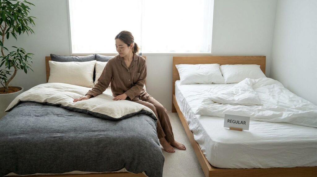 Perbandingan dua tempat tidur, satu menggunakan sprei premium katun Jepang dengan tampilan mewah dan satu menggunakan sprei biasa, interior kamar modern minimalis, realistic photography, high detail.