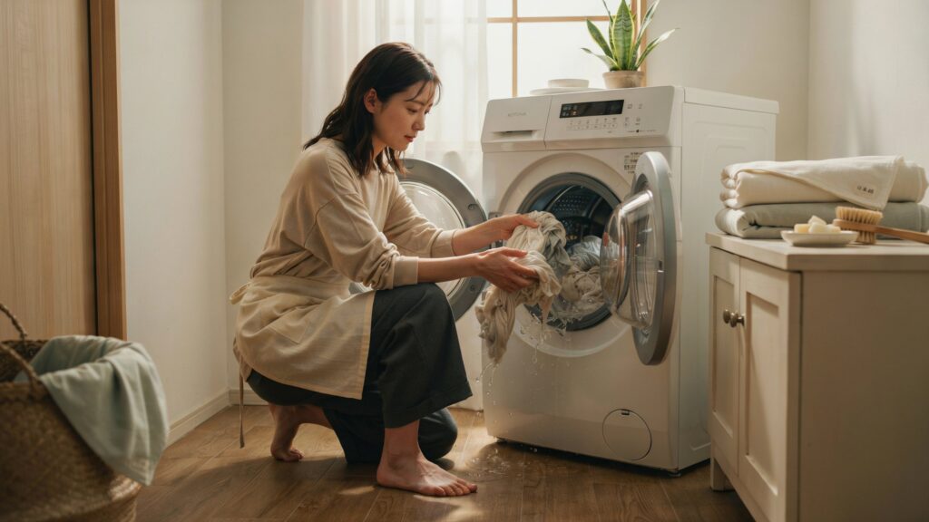 Seseorang sedang mencuci sprei premium dengan cara lembut di rumah modern, kain sprei katun Jepang terlihat bersih dan lembut, suasana natural, realistic photography, high detail.