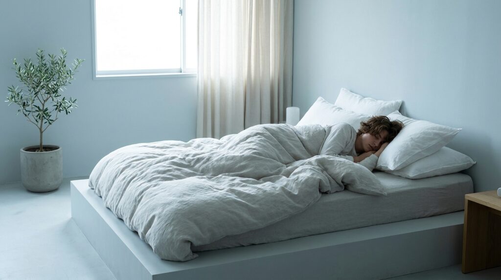 Seseorang tidur nyenyak di atas sprei premium yang lembut, suasana kamar minimalis, bersih, sejuk, dan nyaman, realistic photography, high resolution.