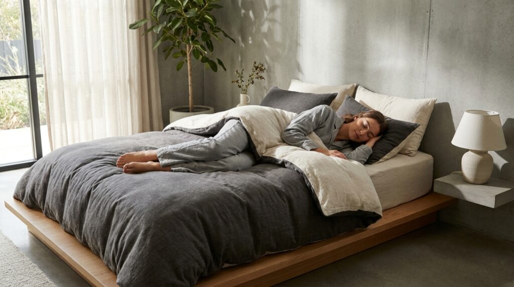 seorang wanita berusia 25tahun memakai piyama abu tidur di Sprei premium modern minimalis, tekstur kain terlihat lembut dan berkualitas, kamar tidur nyaman dengan pencahayaan alami, realistic photography, high resolution.