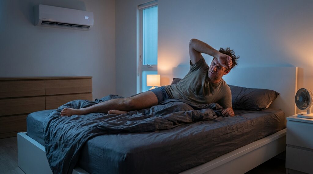 Foto realistis seorang pria sedang tidur di kamar ber-AC tetapi terlihat gelisah karena merasa gerah