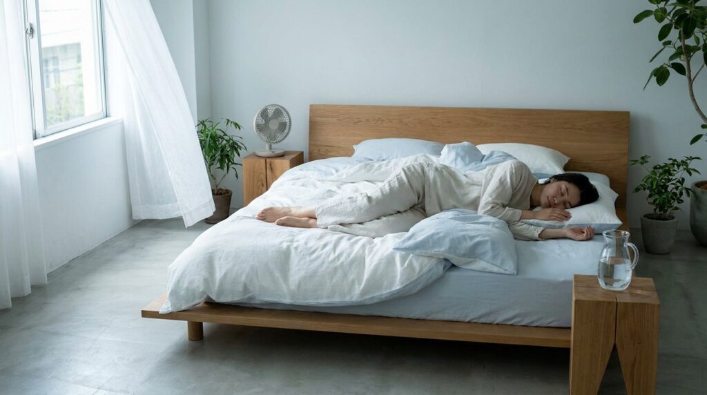 Foto realistis seorang wanita tidur nyenyak di kamar minimalis saat cuaca panas