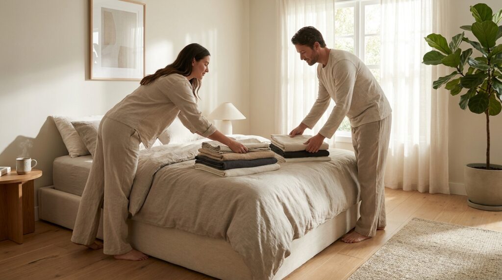 Foto ultra-realistis kamar tidur minimalis modern dengan beberapa seprai katun Jepang premium yang tertata rapi di atas tempat tidur