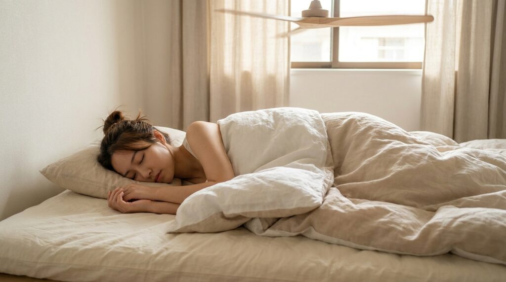 Gambar realistis seorang wanita muda Asia yang sedang tidur dengan nyaman di atas seprai katun Jepang