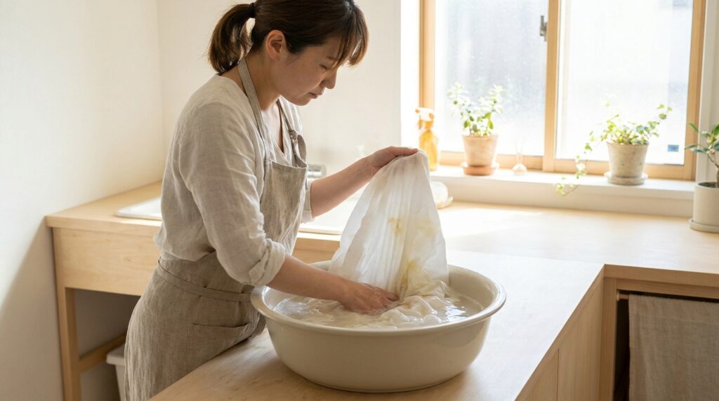 Seorang ibu rumah tangga sedang mencuci sprei putih yang memiliki noda keringat menggunakan baskom berisi air hangat dan baking soda, ruang cuci bersih, pencahayaan alami pagi hari, suasana rumah modern minimalis, detail kain katun Jepang, 