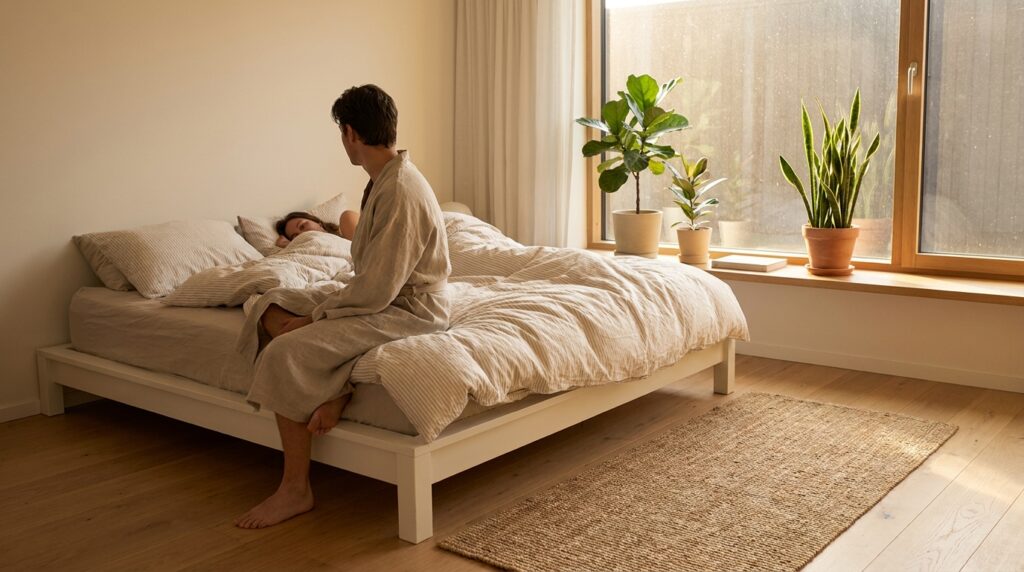 Kamar tidur minimalis yang sangat realistis dengan seprai katun Jepang premium
